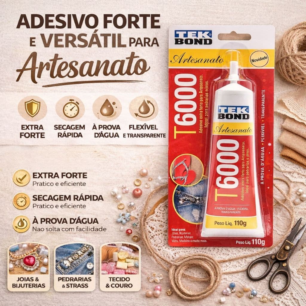 Cola T6000 TekBond 110g Permanente Transparente Artesanato Alta Fixação Tubo Grande