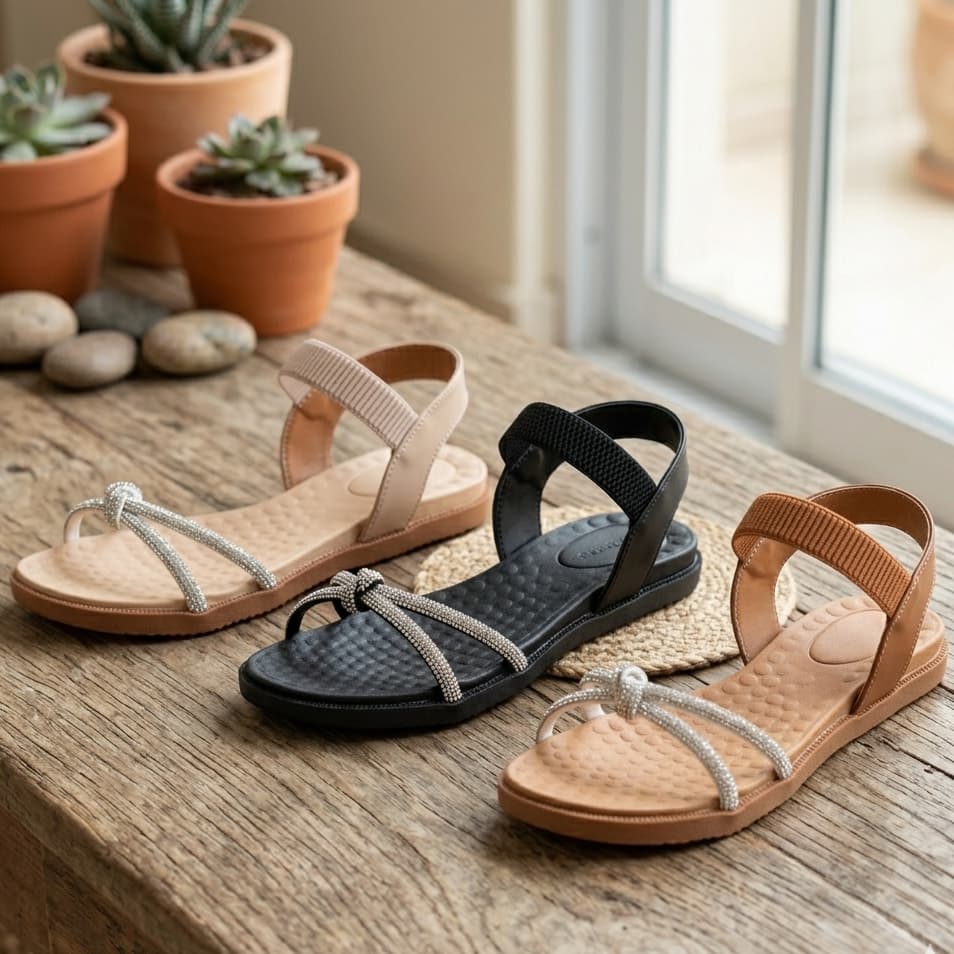 Sandália Ortopédica Feminina Flat Confortável Elástico Glitter na Moda Diário - Promoção !