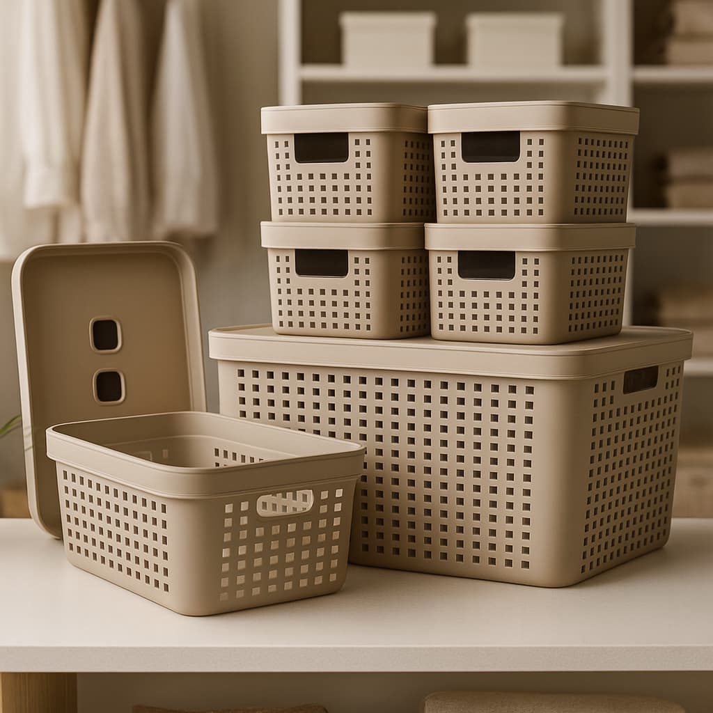 Kit 6 Caixa Organizadora com Tampa 17 L 4,5 L 2 L Cesto Grande em Plástico para Organização