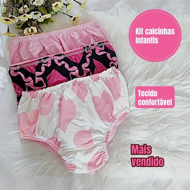 Kit 5 10 20 Calcinhas Infantis Algodão Lisa e Estampada Confortável