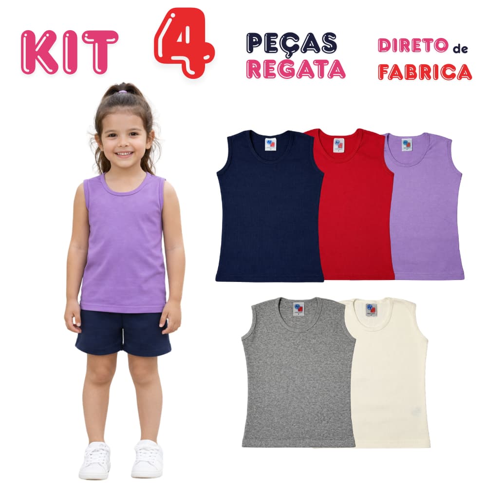 Kit 4 Regatas Infantil Menina Ribana Algodão – Blusa Básica Confortável Tamanhos 4 6 8