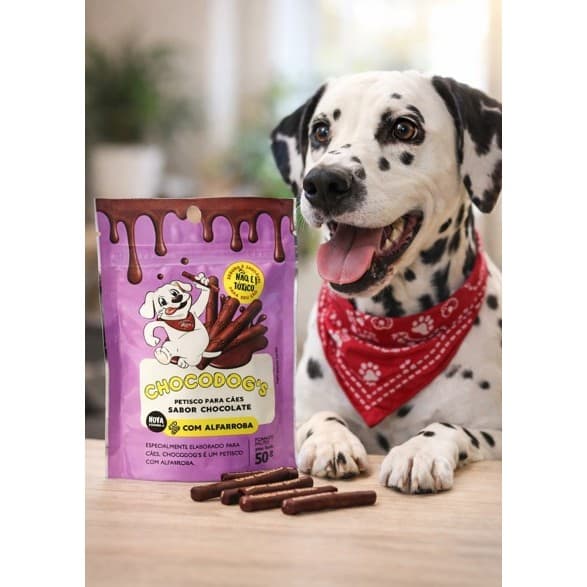 Petisco sabor chocolate pra cachorro; cães; dogs; Sachê formato Palito 50g; Sobremesa Pet; Não Tóxico