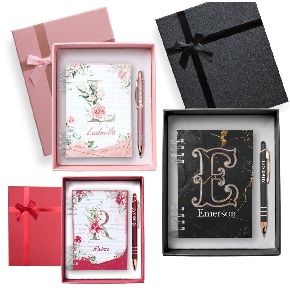 Kit Presente Caderneta Personalizada + Caneta com Nome + Caixa Elegante Diversas Capas Brinde Agenda