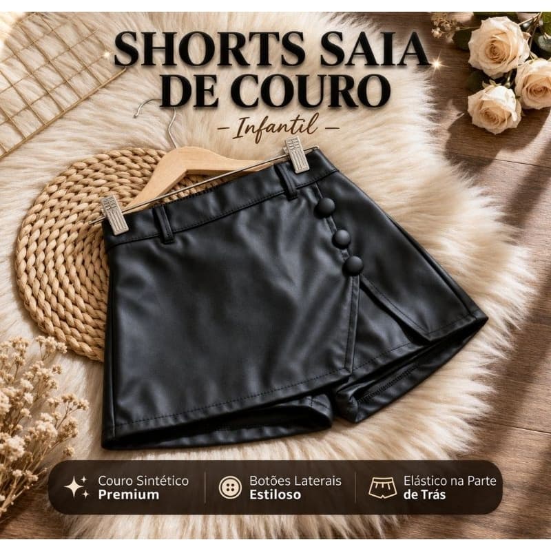 Shorts Saia Infantil Couro Sintético Botões Moda Blogueirinha Menina 2 ao 10