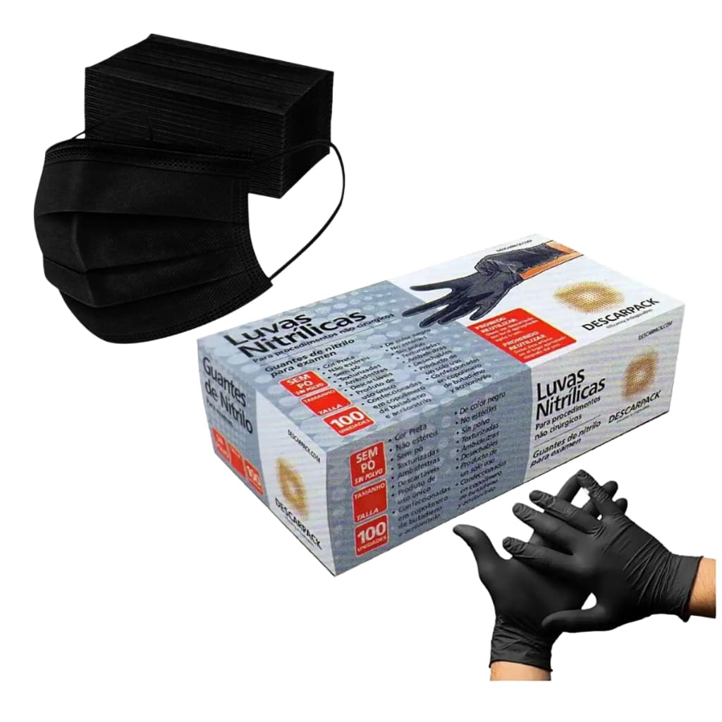 Kit Luva Nitrilica Preta 150 Máscara Descartável Preta Profissional Resistente Ambidestro Clip Nasal