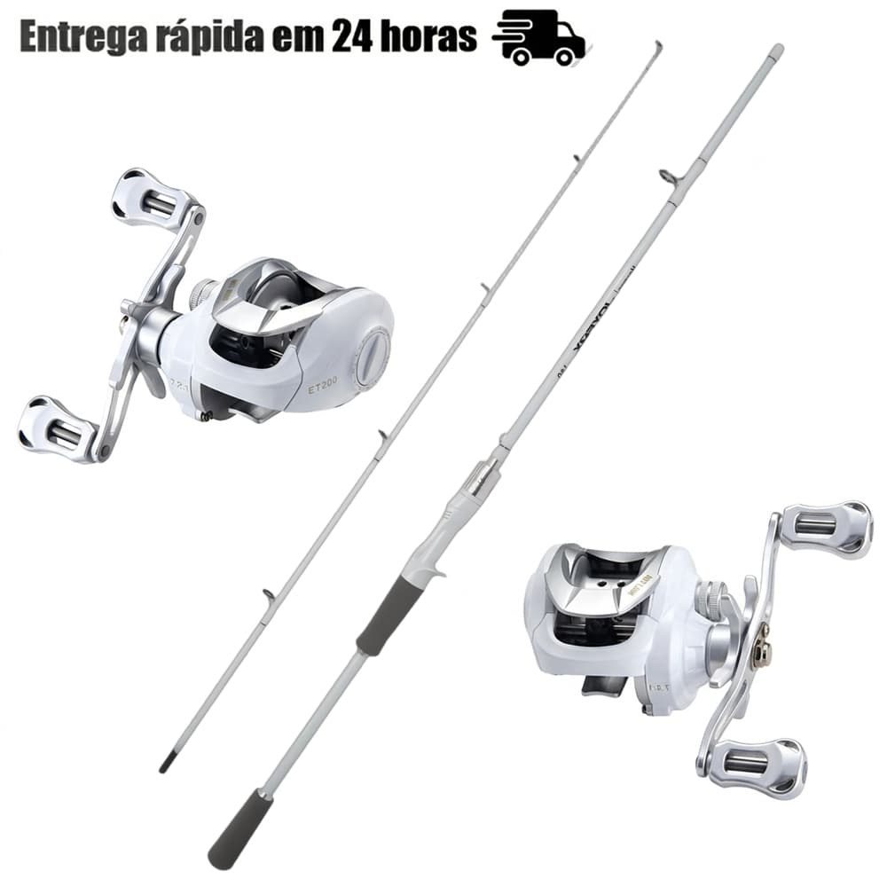Kit Pesca Esportiva: Carretilha Perfil Baixo 17+1 Rolamentos Drag 10kg + Vara Carbono 1,80m Branca