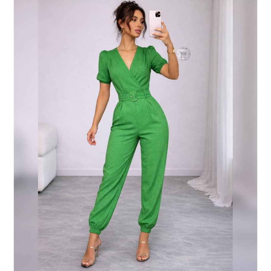 Macacão Feminino Longo Verde Elegante com Cinto Manga Curta Bufante Calça Jogger Moda Social Casual