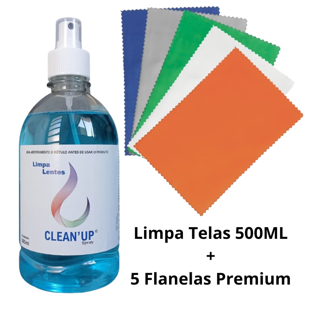 Spray Para Limpeza De Óculos Lentes Limpa Tela Tv Celular Notebook Clean Up 500ml + 5 Flanelas