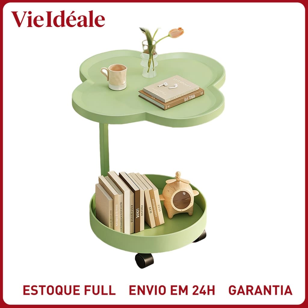 Mesa Lateral Trevo com Rodinhas 2 Tampos Moderna em Ferro Premium para Sala e Quarto