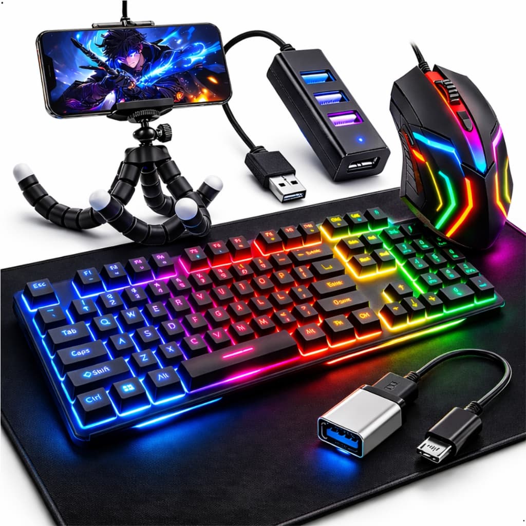 Kit Mobilador Gamer Completo Teclado Mouse Gamer Led Rgb Tipo C Jogar no Celular Barato