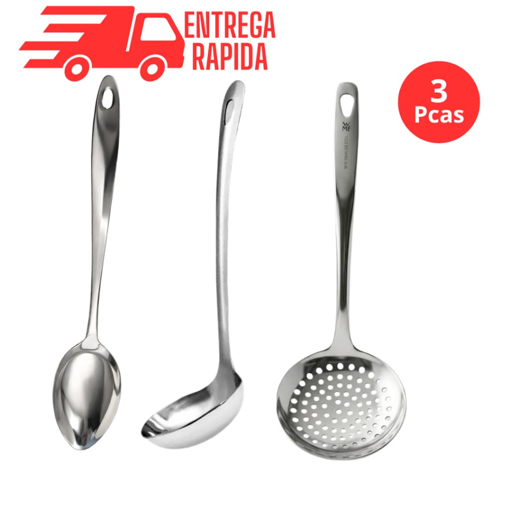 Kit 3 Utensílio de Cozinha Concha Colher Arroz Escumadeira Aço Inox  Resistente Profissional