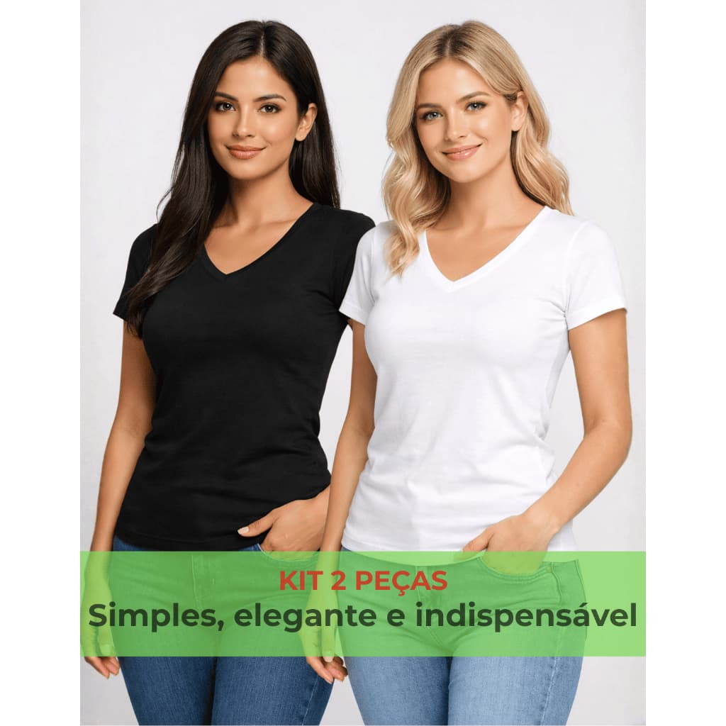 Kit 2 Blusas Feminina Manga Curta Gola V T-Shirt