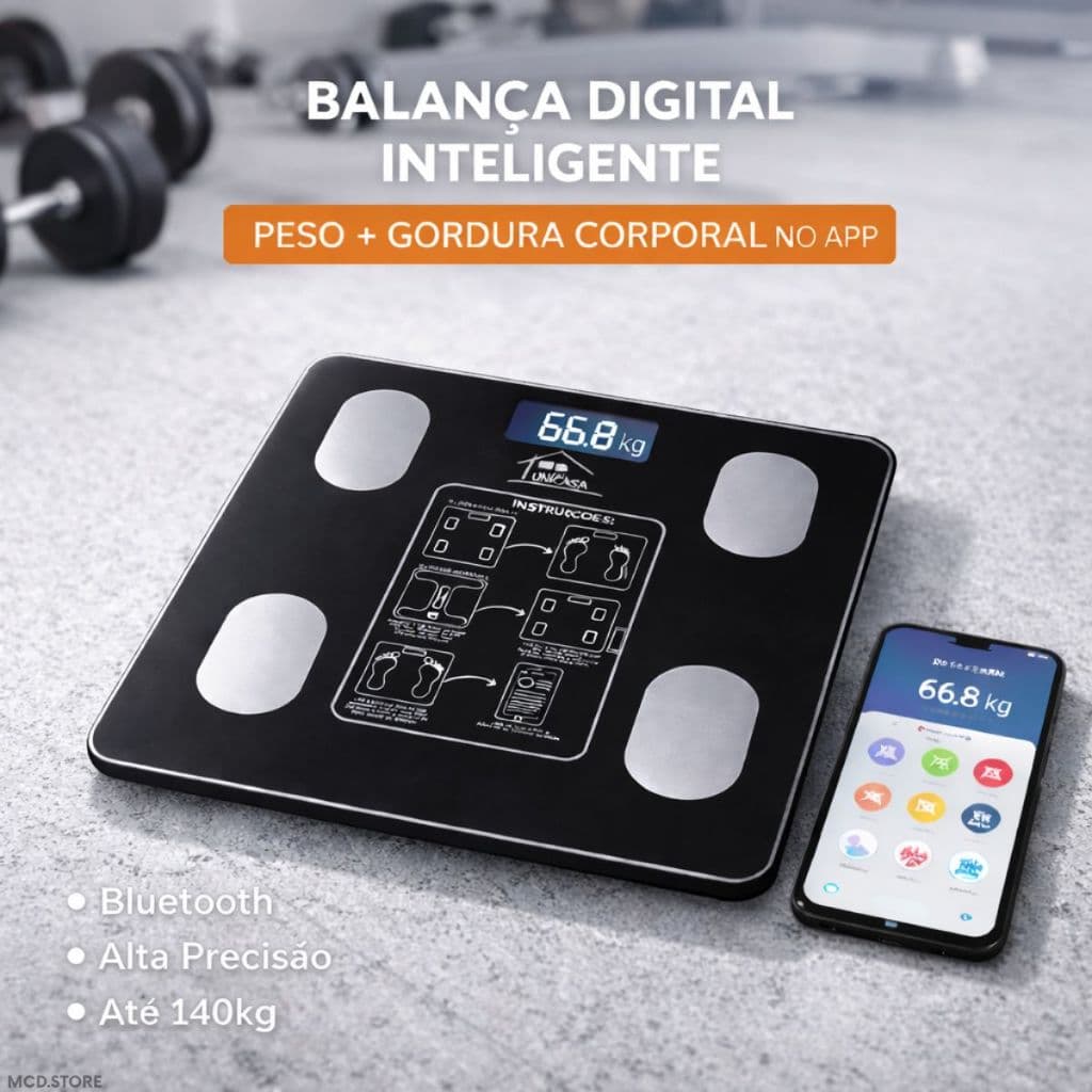Balança Bioimpedância Digital Bluetooth 140kg Inteligente App Medidor Gordura Massa Corporal Dieta Saúde Fitness Preta