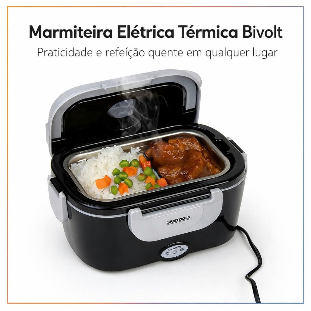Marmita Elétrica Térmica Bivolt Preta 1,5L Portátil Refeições Compacta Prática Aquece Comida Rápido
