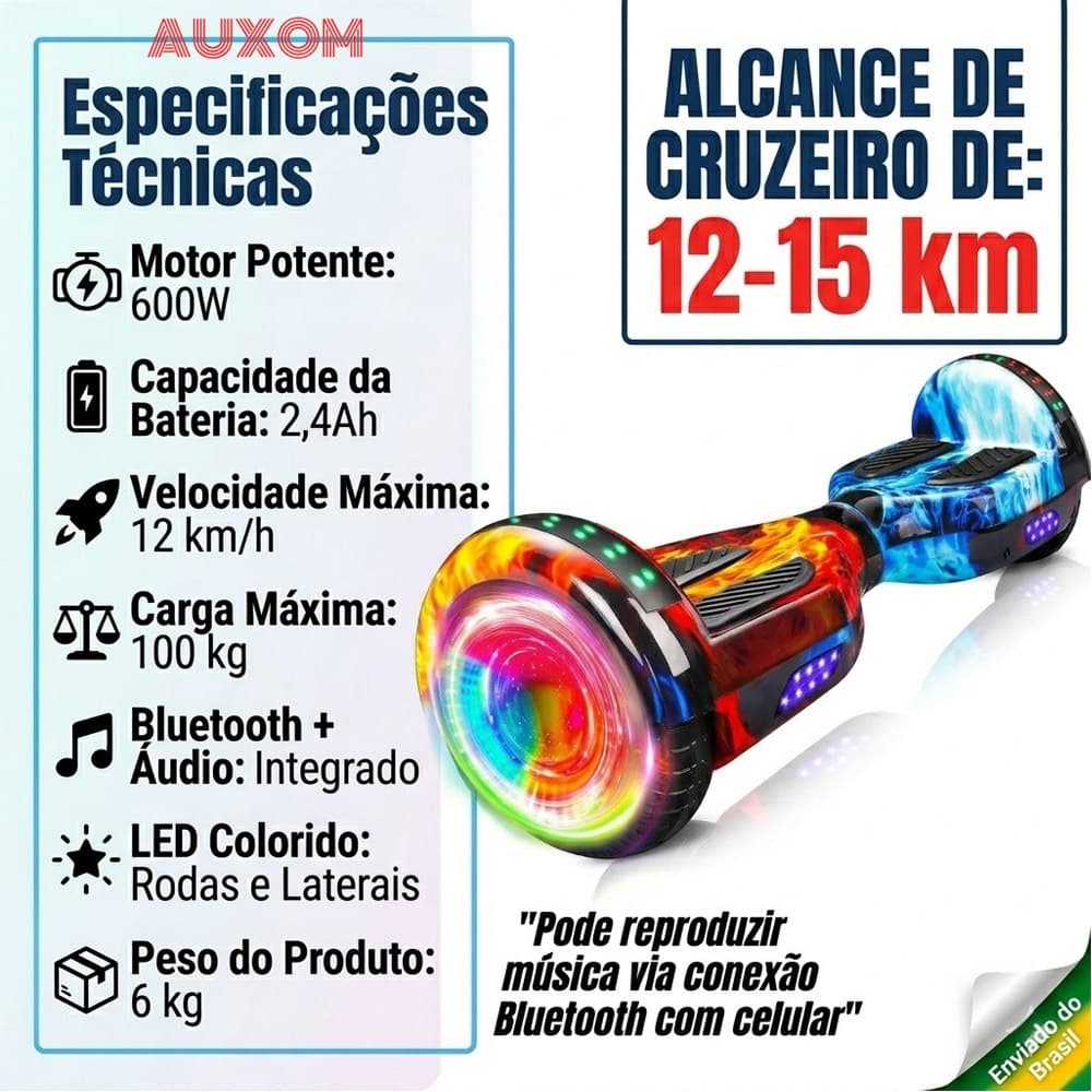 Hoverboard Infantil Skate Elétrico 6,5" com LED Música Bluetooth e Motor 600W para Meninos e Meninas-Brinquedos Premium