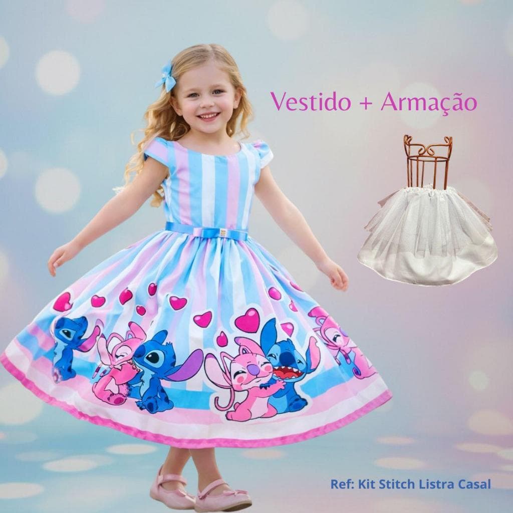 Vestido Infantil Kit Lilo e Stitch Angel Temático Casa Mágica Gabby e Jardim Encantado com Armação
