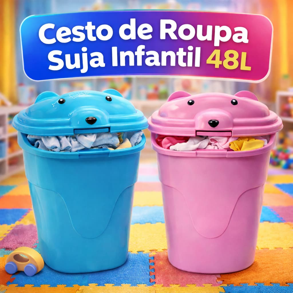 Cesto Infantil 48 Litros Organizador Ursinho Tampa Roupa Suja Brinquedos Quarto Banheiro Casa
