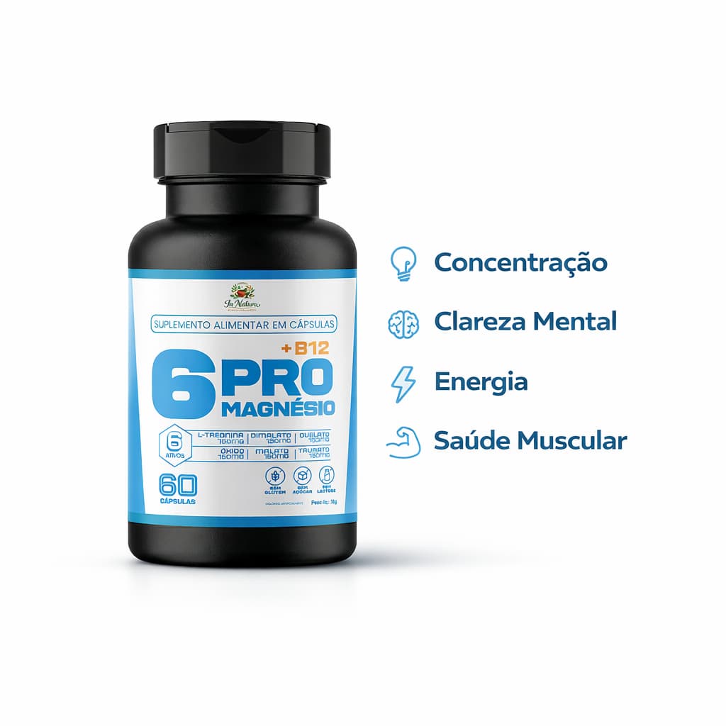 1 Un - 6 Pro Magnésio - 60 Cápsulas - Muscular, Clareza Mental, Energia. Envio Imediato.