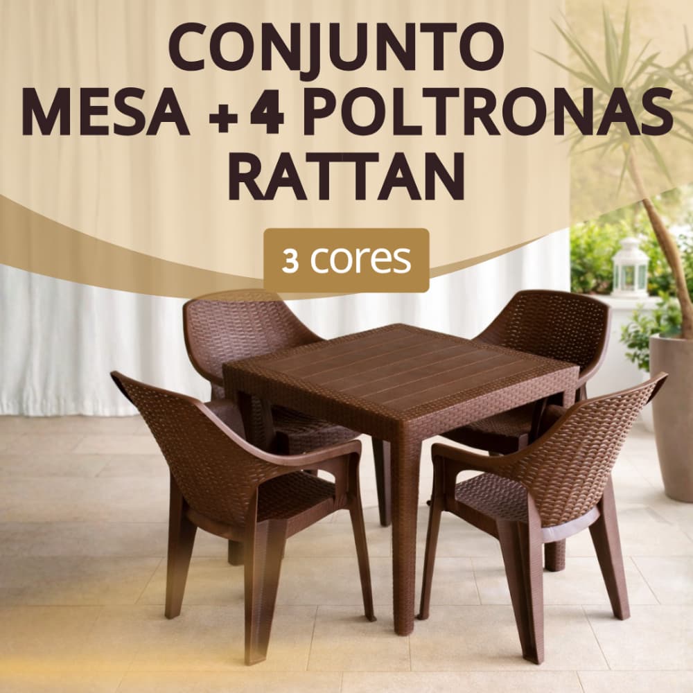 Conjunto Mesa com 4 Cadeiras Rattan Poltrona Reforçada Jantar Área Jardim Salão Lazer Piscina