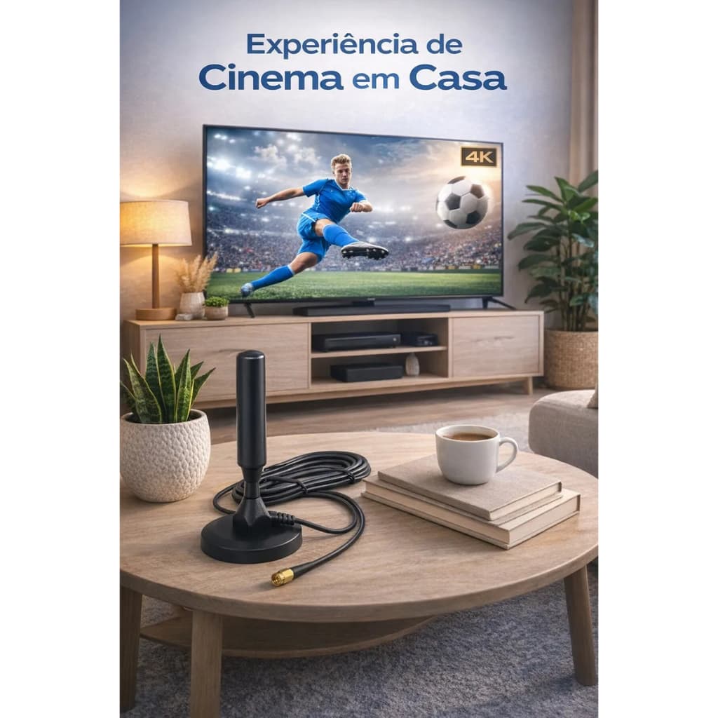 Antena Tv Digital Interna Externa Uhf Vhf Em Alumínio Com Base Magnética Cabo 5m Alta Definição Para Tv E Conversor