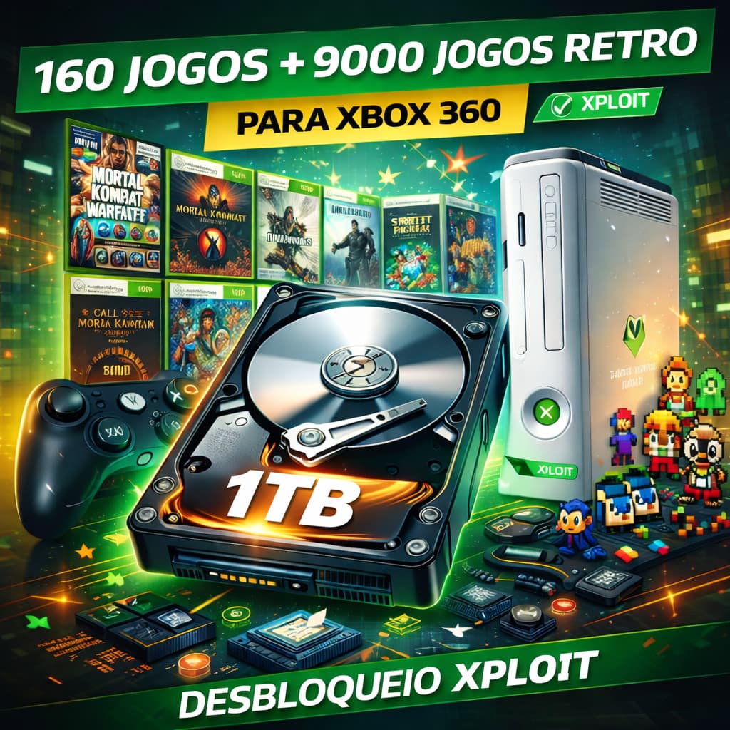 Hd 1 tb Xploit 300 jogos + 9000 Jogos retrô Para Xbox 360 Bloqueado ou desbloqueado