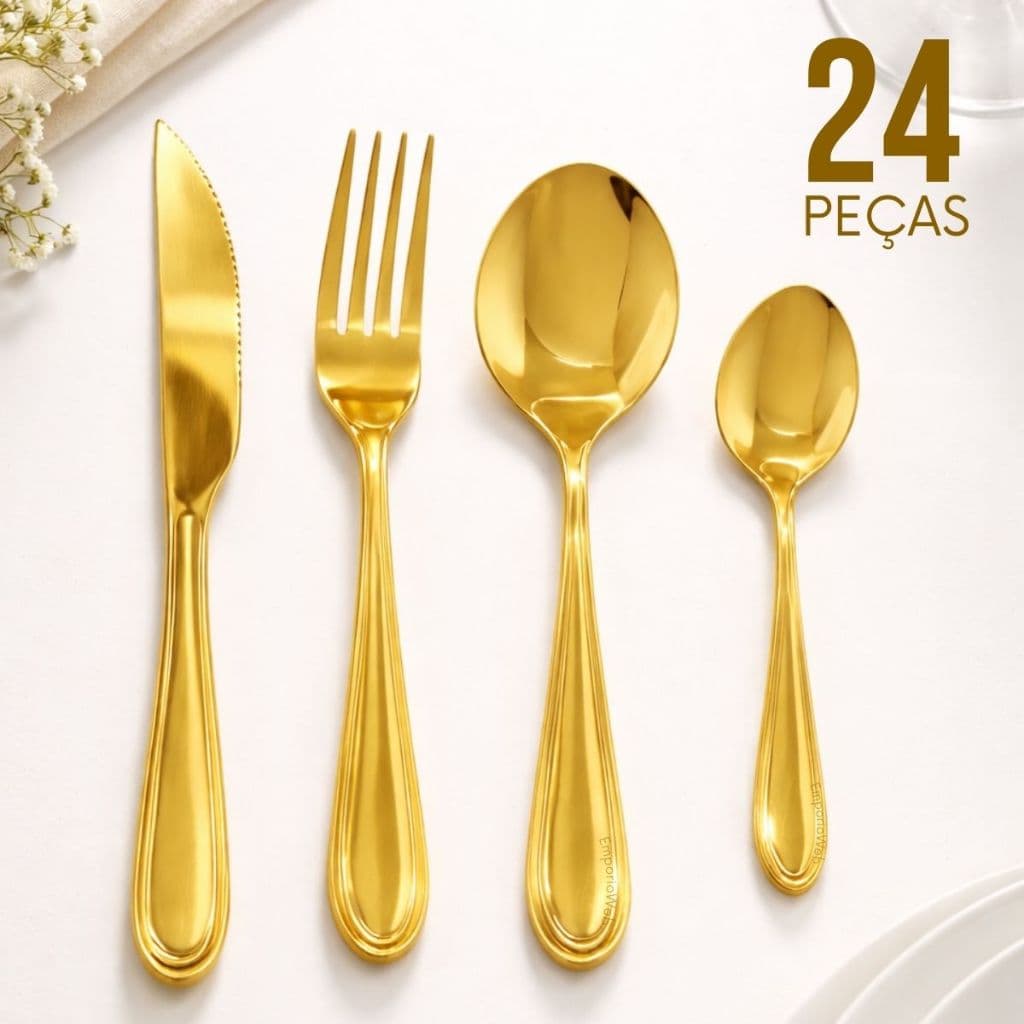 Jogo de Talheres Dourado Inox Mesa Posta 6 Pessoas 24 30 Peças Peças Faqueiro Premium Desenhado