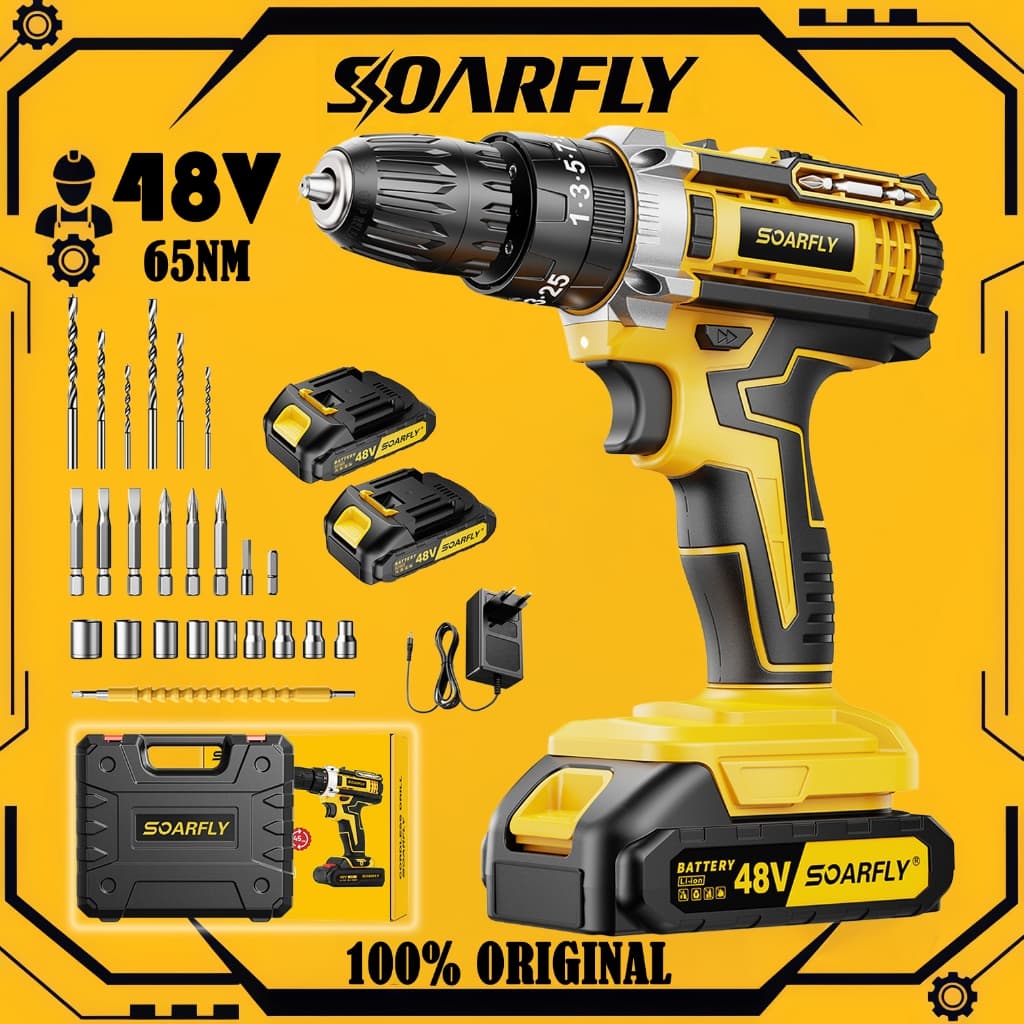 SOARFLY Parafusadeira Furadeira De Impacto Sem Fio 48V 2 Baterias Com Maleta e Acessórios Completo