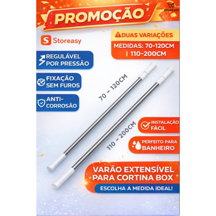 VARÃO EXTENSÍVEL PARA CORTINA BOX 70-120CM 110-200CM AÇO METAL FIXAÇÃO PRESSÃO |Storeasy