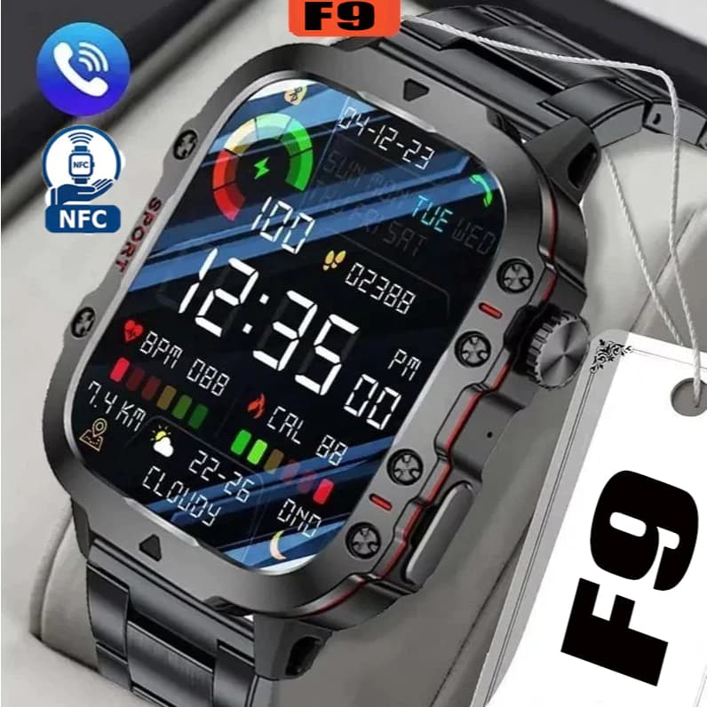 Relógio inteligente F9 2026 com Bluetooth para chamadas,NFC,relógio esportivo e frequência cardíaca