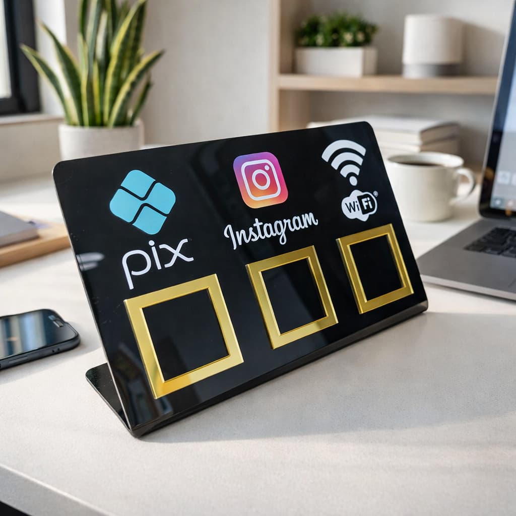 Placa Pix Acrílico 3 em 1 - Instagram Wi-fi Pagamento via Pix QR Code
