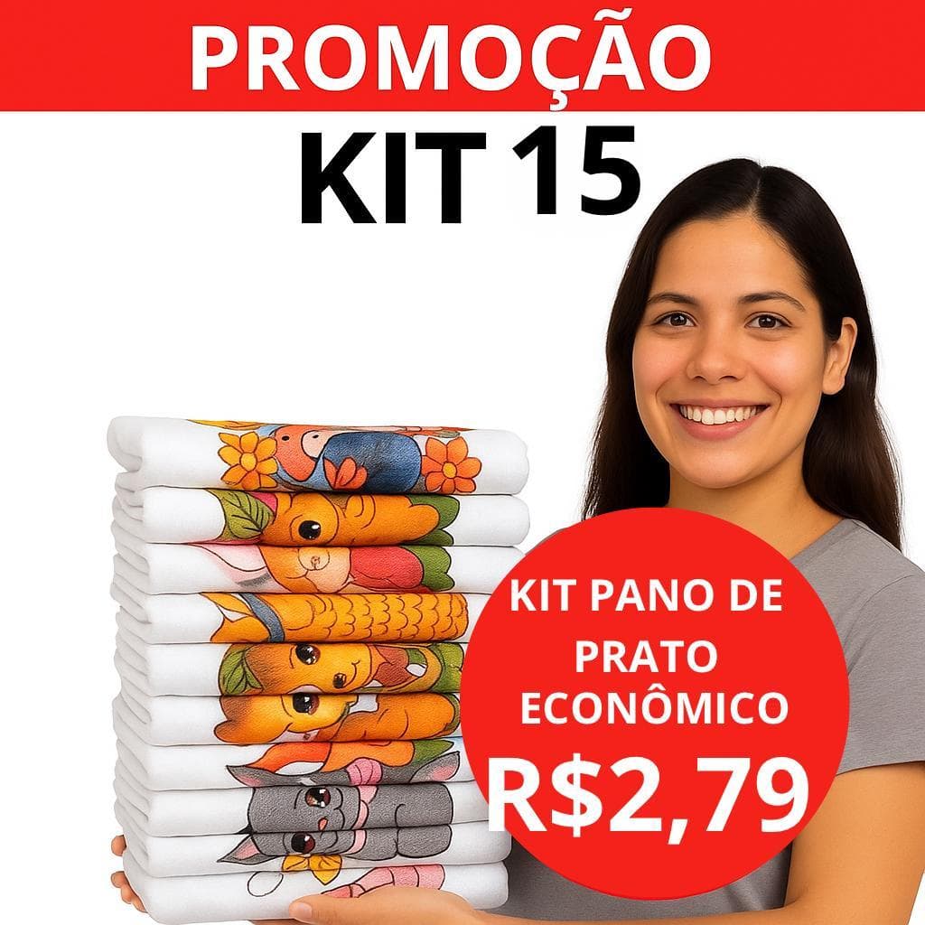 Kit 15 pano de prato estampado com bainha atacado 100% algodão