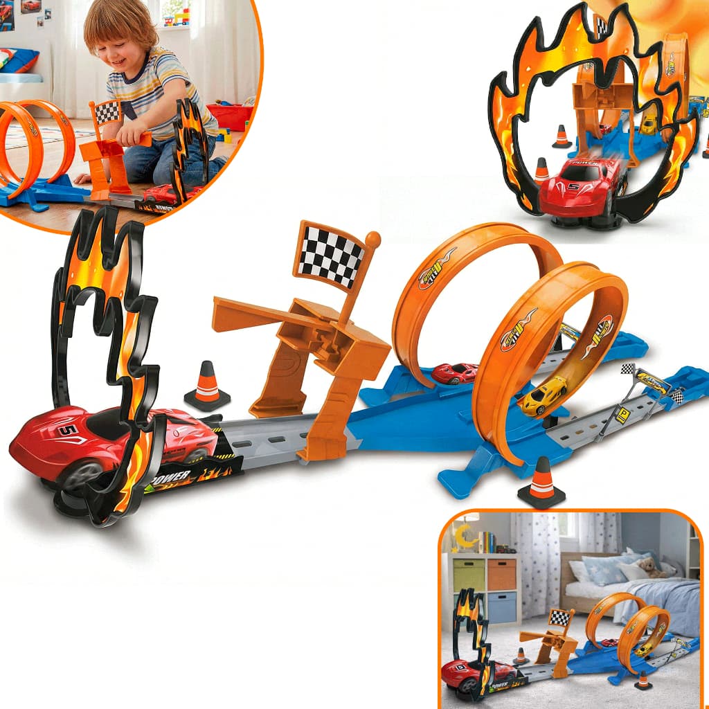 Pista de Corrida Radical com Lançador de Carrinho – Tipo Hot Wheels, 44 Peças - Brinquedo Radical