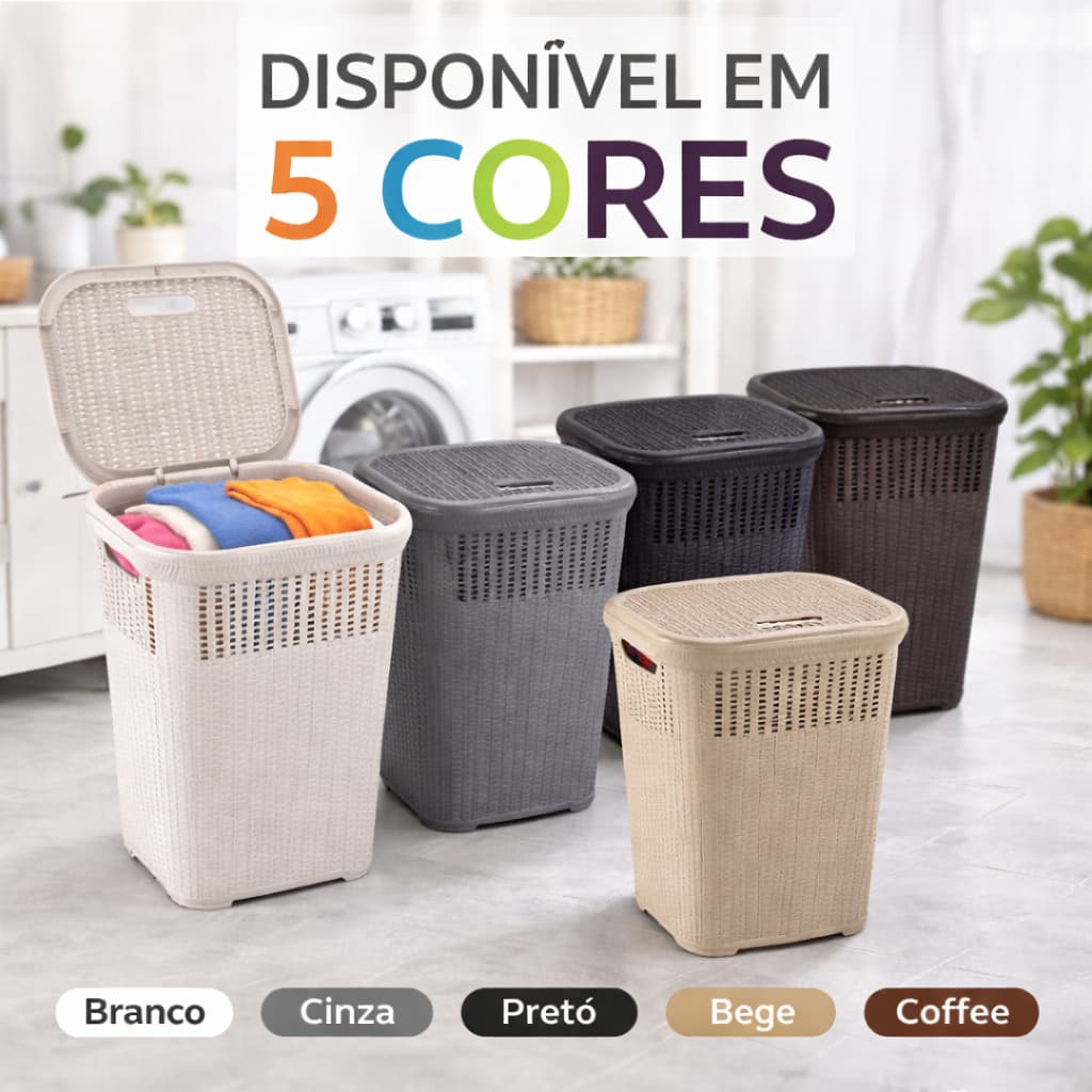 Cesto Roupa Suja 50L Rattan Grande com Tampa Basculada Lavanderia Premium