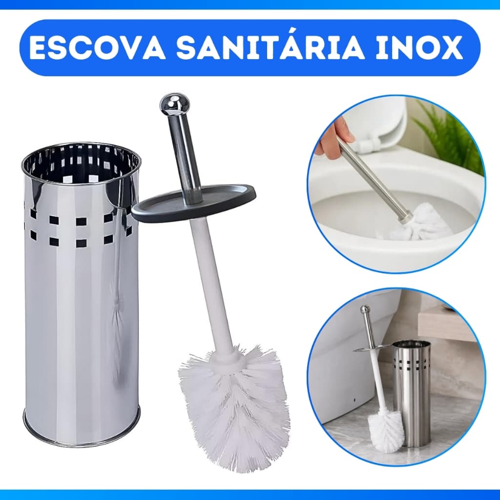 Escova Sanitária Versátil Limpeza Banheiro Vaso Casa Com Suporte Moderno Inox Bambu