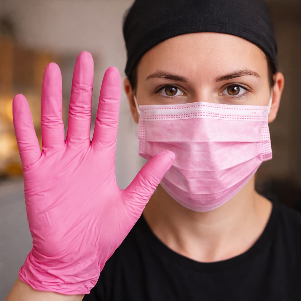 Kit 100 Unidades de Luva NitrÍlica Rosa + 50 Unidades de Máscara TNT Rosa Talge P, M e G