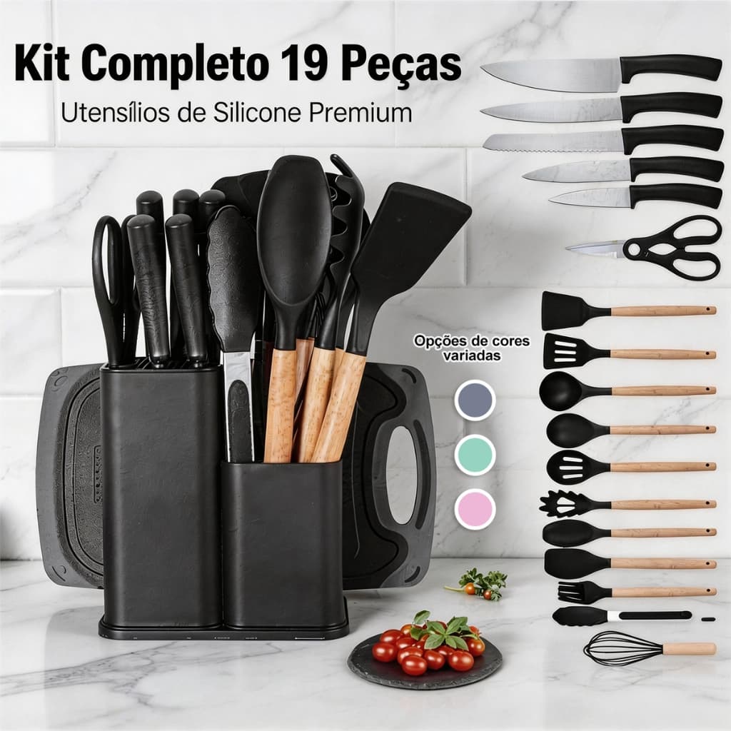 Kit Utensílios de Cozinha em Silicone 19 Peças com Tábua e Facas