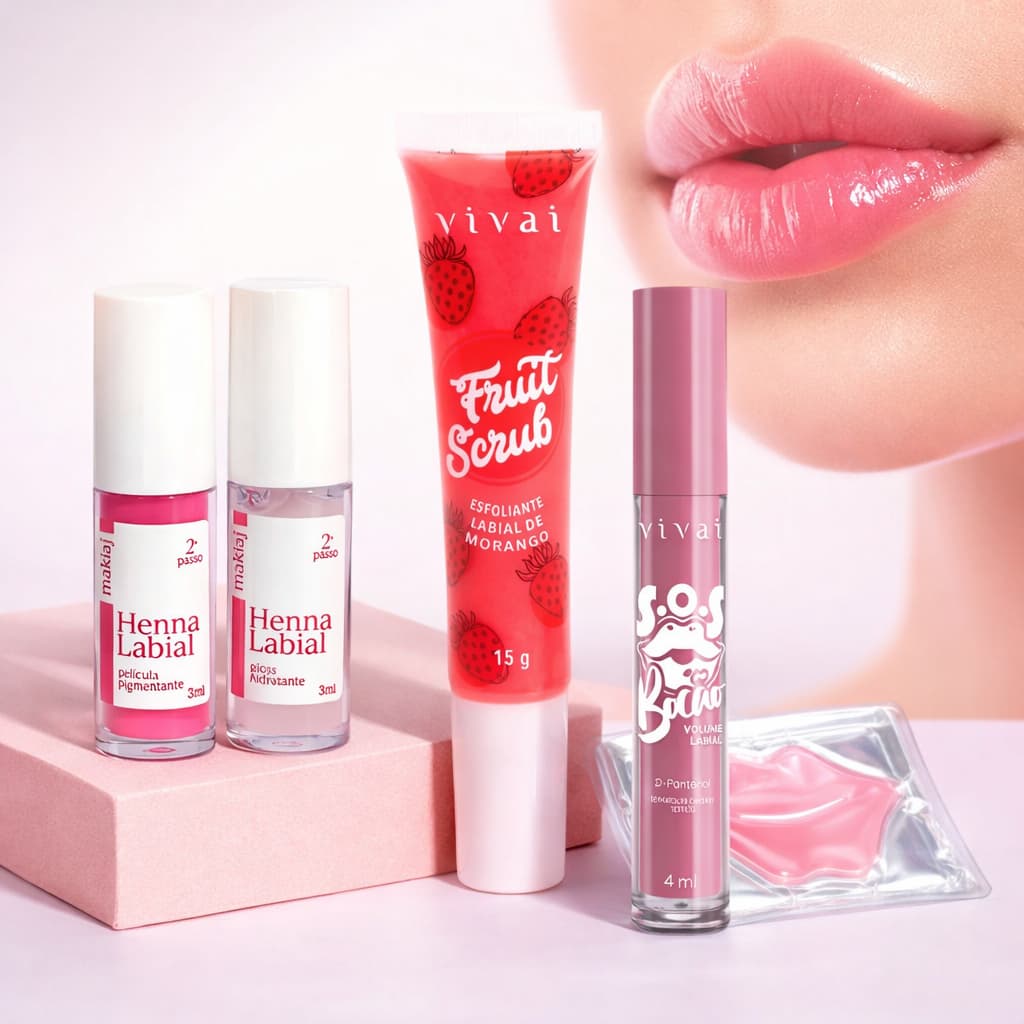 Kit Labial 5 Itens Esfoliante Henna Lip Gloss e Mascara Labial - Cuidado Labial
