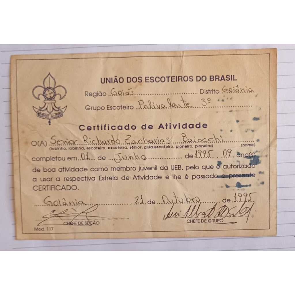 Certificado Escoteiro – União dos Escoteiros do Brasil (1995) - Richard Zacharias Baiocchi