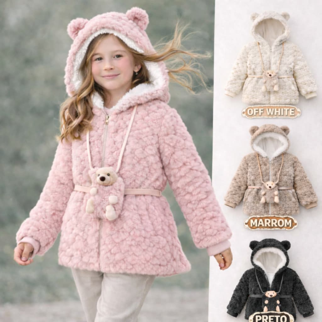 Casaco Jaqueta com capuz Infantil Pelucia Forrado com bolsinha Inverno ursinho Pelinho Teddy