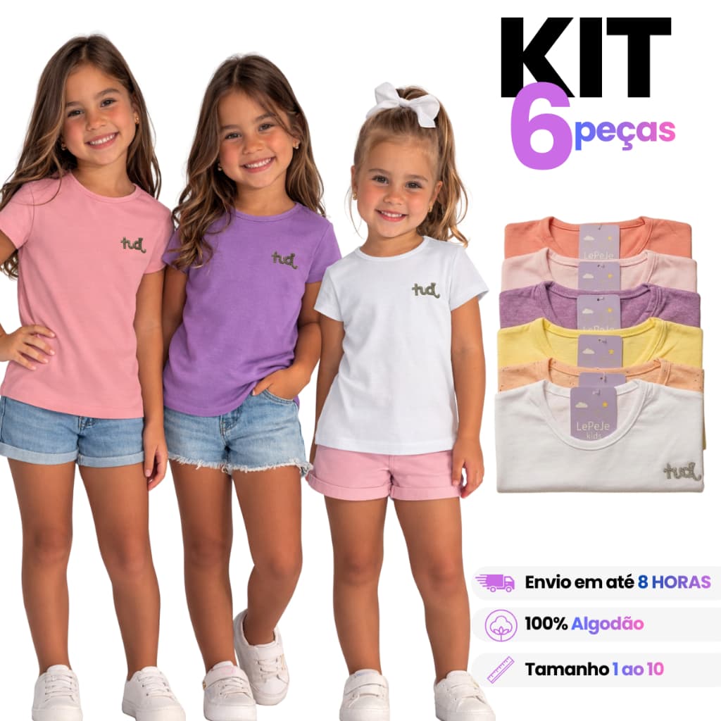 6 Blusas Manga Curta Infantil Menina 100% Algodão Lisa Básica Baby T-shirt Camiseta Verão Escolar