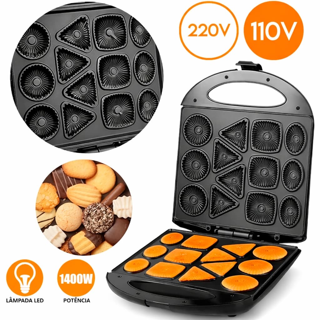 Máquina de Fazer Biscoito Cookie 110v e 220v Bolacha Divertida Waffle Crepeira 1400W