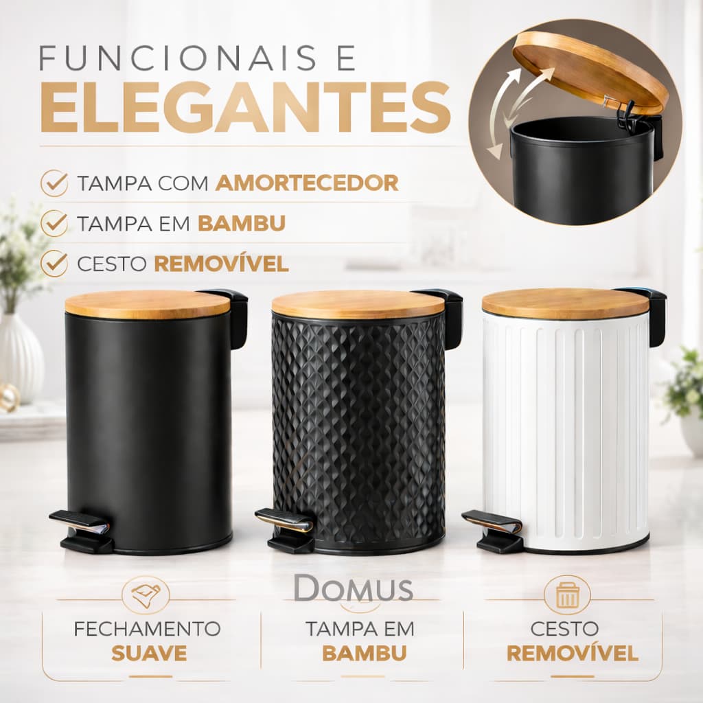 Lixeira 5 Litros Com Tampa Bambu e Pedal Para Casa Banheiro Cozinha em Inox Decorativa Multiuso