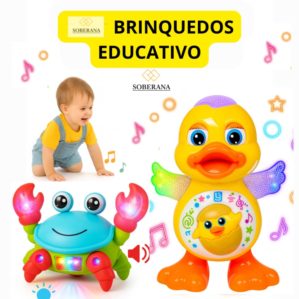 Caranguejo Fujão e Pato Dançarino Grande Brinquedo Musical Led Dança Anda Mexe com Som