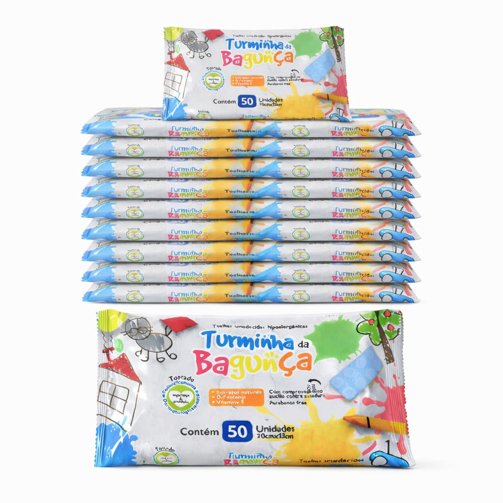 Kit 15 Toalhas Umedecidas Turminha da Bagunça 50 Folhas 98% Água