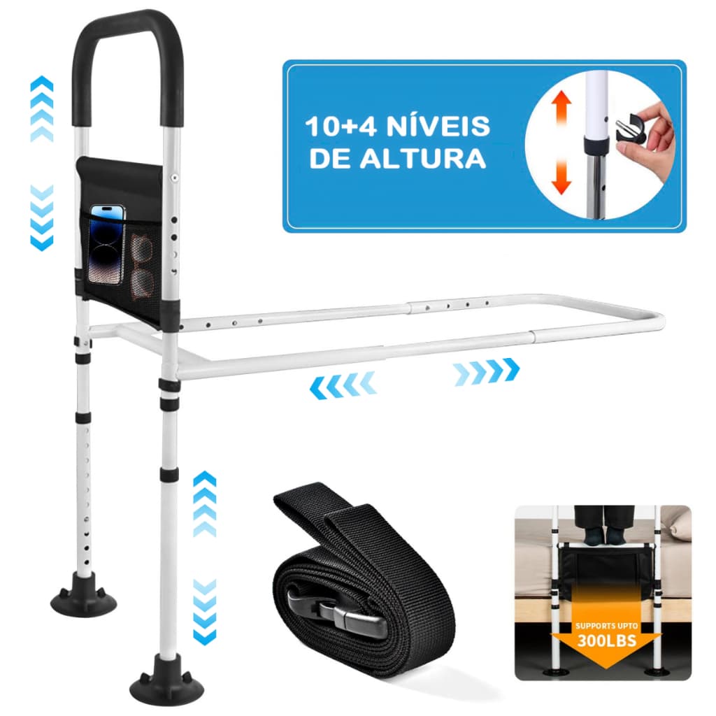 Protecao Lateral Cama Idoso: Altura Ajustável + Ventosa Haste + Cinto - Ajustável, 150kg Suporte Idosos e Crianças