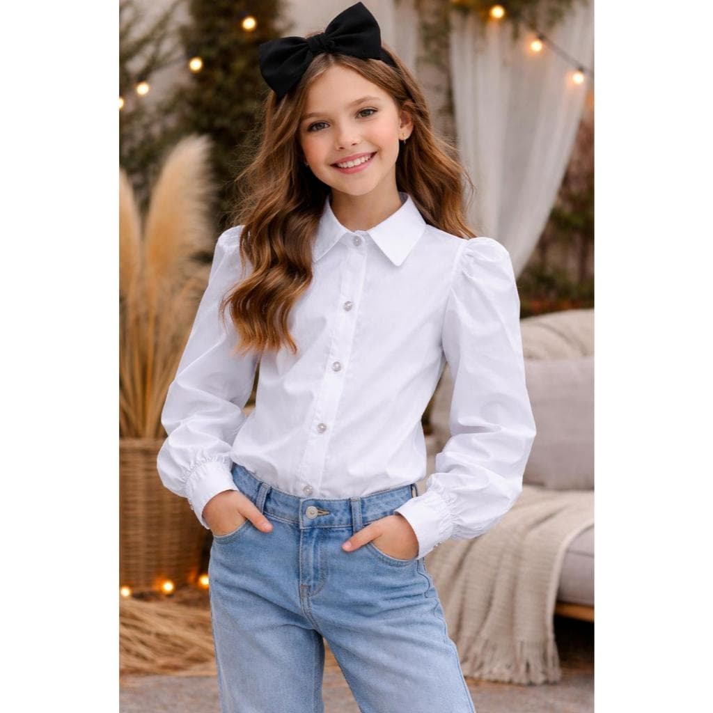 Camisa social infantil menina manga longa bufante