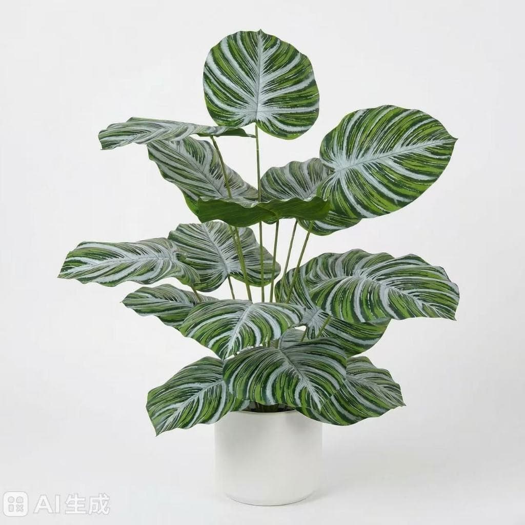 Planta artificial grande, com 115 cm de altura e 18 folhas grandes, cada uma medindo 25 x 28,5 cm. Ideal para decoração