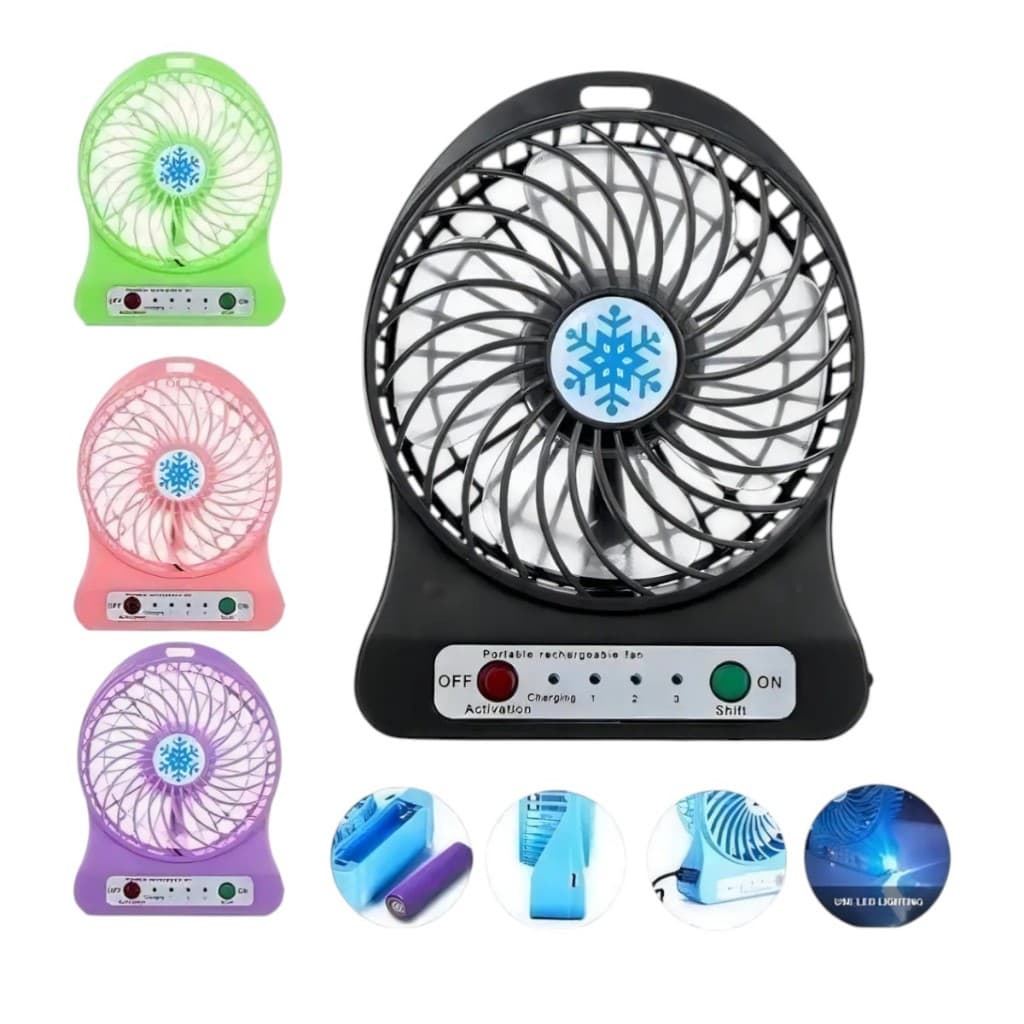 Ventilador Portátil DE Mesa USB Recarregável com 3 Velocidades e Luz LED