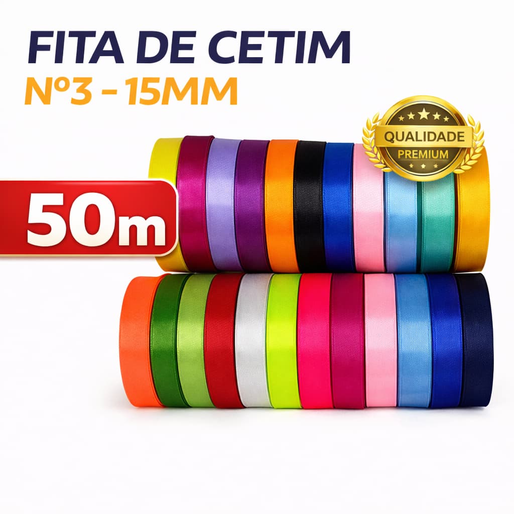 Fita de Cetim Nº3 (15mm) – Rolo 50m – Laços, Artesanato, Presentes – Diversas Cores