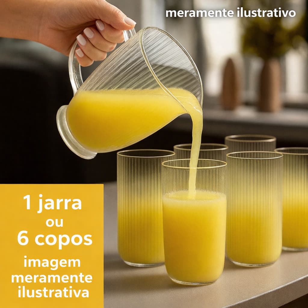 Jarra de Vidro 1,0L Canelada ou 6 Copos 420ml Canelados Vidro Resistente Suco Água Refrescos